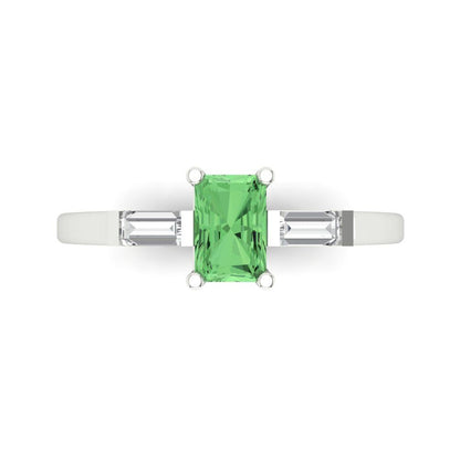 0.8 cttw Zirconia Simulated Green Diamond Three-Stone Engagement Ring - Solid White Gold (VVS1, Emerald Cut,6x4mm)