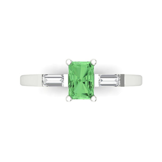 0.8 cttw Zirconia Simulated Green Diamond Three-Stone Engagement Ring - Solid White Gold (VVS1, Emerald Cut,6x4mm)