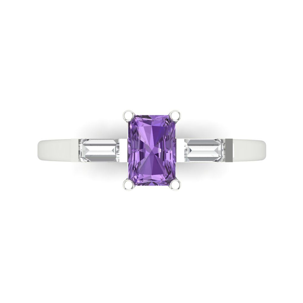 0.8 cttw Simulated Alexandrite Three-Stone Engagement Ring - Solid White Gold (VVS1, Emerald Cut,6x4mm)