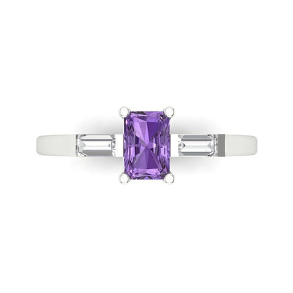0.8 cttw Simulated Alexandrite Three-Stone Engagement Ring - Solid White Gold (VVS1, Emerald Cut,6x4mm)