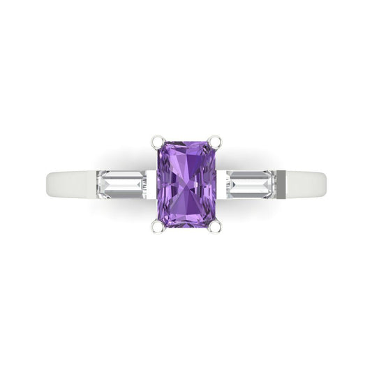 0.8 cttw Simulated Alexandrite Three-Stone Engagement Ring - Solid White Gold (VVS1, Emerald Cut,6x4mm)