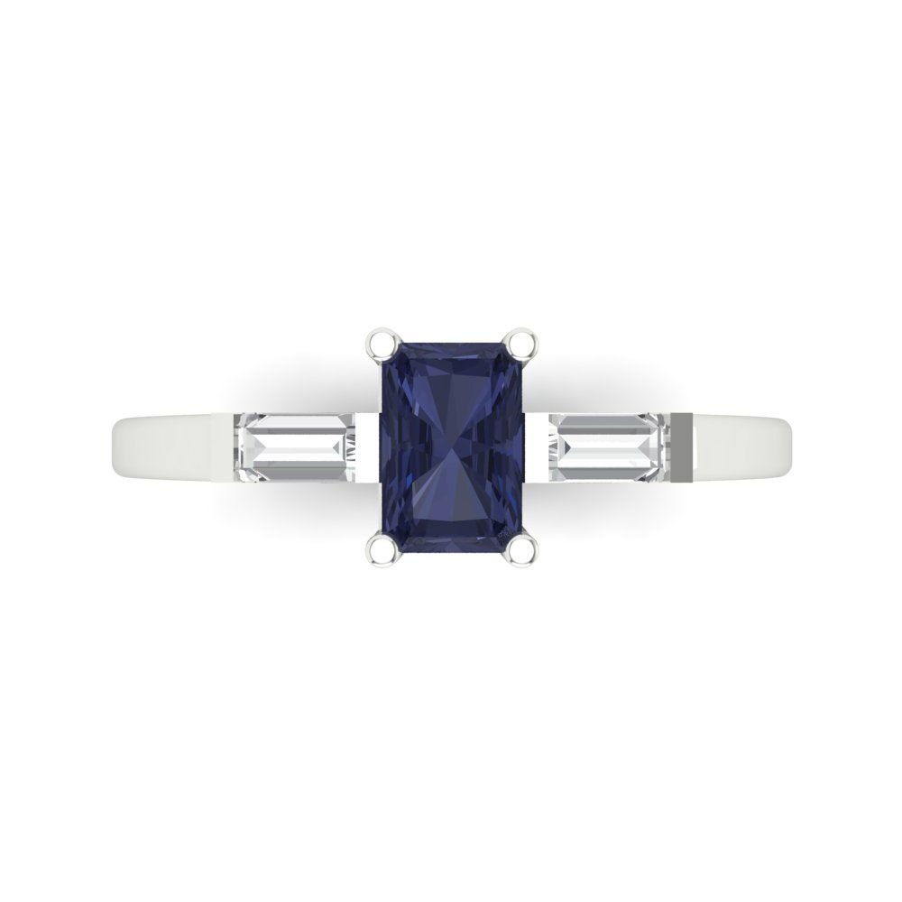 0.8 cttw Simulated Blue Sapphire Three-Stone Engagement Ring - Solid White Gold (VVS1, Emerald Cut,6x4mm)