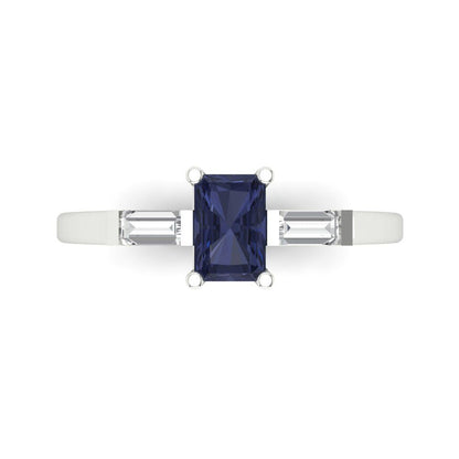 0.8 cttw Simulated Blue Sapphire Three-Stone Engagement Ring - Solid White Gold (VVS1, Emerald Cut,6x4mm)
