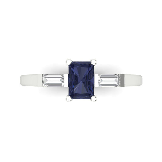 0.8 cttw Simulated Blue Sapphire Three-Stone Engagement Ring - Solid White Gold (VVS1, Emerald Cut,6x4mm)