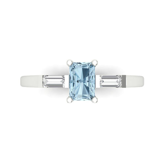 0.8 cttw Zirconia Simulated Blue Diamond Three-Stone Engagement Ring - Solid White Gold (VVS1, Emerald Cut,6x4mm)