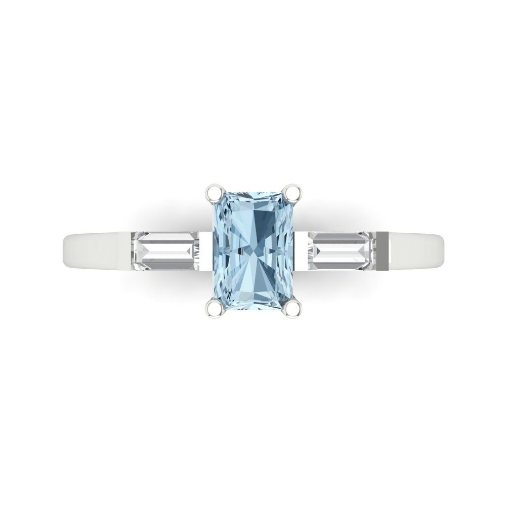 0.8 cttw Natural Aquamarine Three-Stone Engagement Ring - Solid White Gold (VVS1, Emerald Cut,6x4mm)
