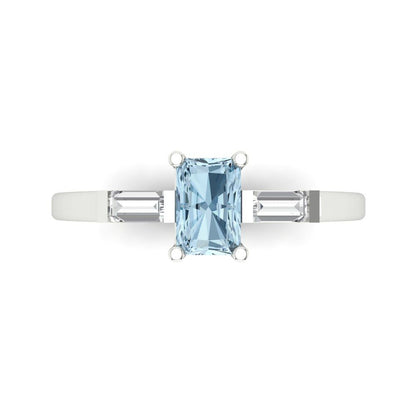 0.8 cttw Natural Aquamarine Three-Stone Engagement Ring - Solid White Gold (VVS1, Emerald Cut,6x4mm)