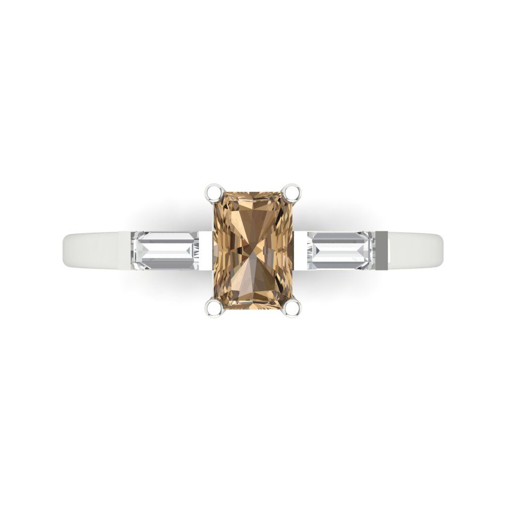 0.8 cttw Zirconia Simulated Champagne Diamond Three-Stone Engagement Ring - Solid White Gold (VVS1, Emerald Cut,6x4mm)
