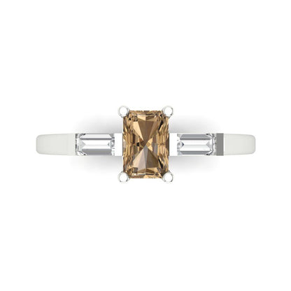 0.8 cttw Zirconia Simulated Champagne Diamond Three-Stone Engagement Ring - Solid White Gold (VVS1, Emerald Cut,6x4mm)