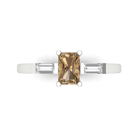 0.8 cttw Zirconia Simulated Champagne Diamond Three-Stone Engagement Ring - Solid White Gold (VVS1, Emerald Cut,6x4mm)