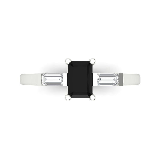 0.8 cttw Natural Onyx Three-Stone Engagement Ring - Solid White Gold (VVS1, Emerald Cut,6x4mm)