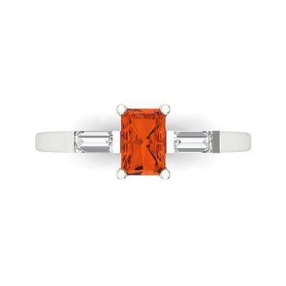 0.8 cttw Zirconia Simulated Red Diamond Three-Stone Engagement Ring - Solid White Gold (VVS1, Emerald Cut,6x4mm)
