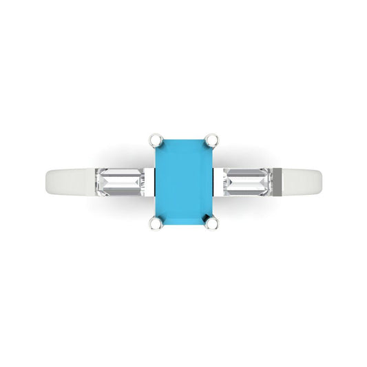0.8 cttw Simulated Turquoise Three-Stone Engagement Ring - Solid White Gold (VVS1, Emerald Cut,6x4mm)