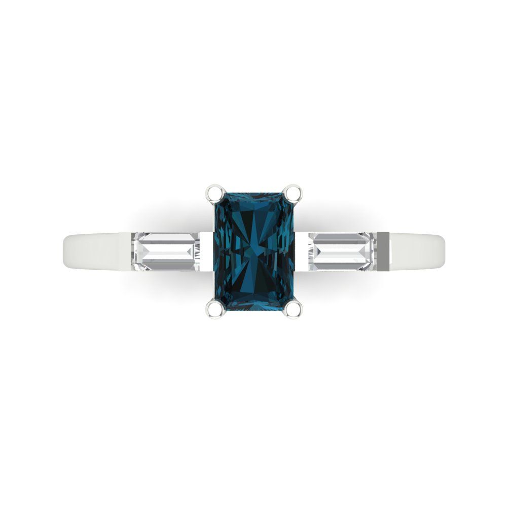 0.8 cttw Natural London Blue Topaz Three-Stone Engagement Ring - Solid White Gold (VVS1, Emerald Cut,6x4mm)