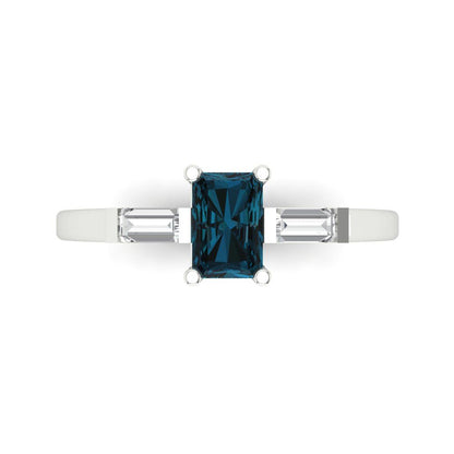 0.8 cttw Natural London Blue Topaz Three-Stone Engagement Ring - Solid White Gold (VVS1, Emerald Cut,6x4mm)