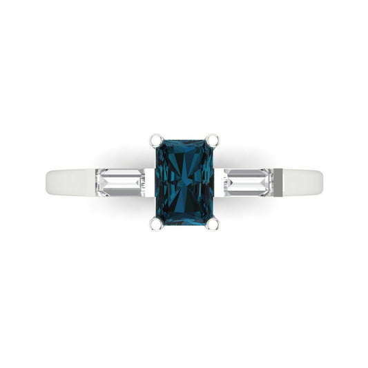 0.8 cttw Natural London Blue Topaz Three-Stone Engagement Ring - Solid White Gold (VVS1, Emerald Cut,6x4mm)