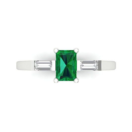 0.8 cttw Simulated Emerald Three-Stone Engagement Ring - Solid White Gold (VVS1, Emerald Cut,6x4mm)