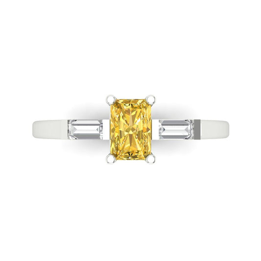 0.8 cttw Zirconia Simulated Yellow Diamond Three-Stone Engagement Ring - Solid White Gold (VVS1, Emerald Cut,6x4mm)