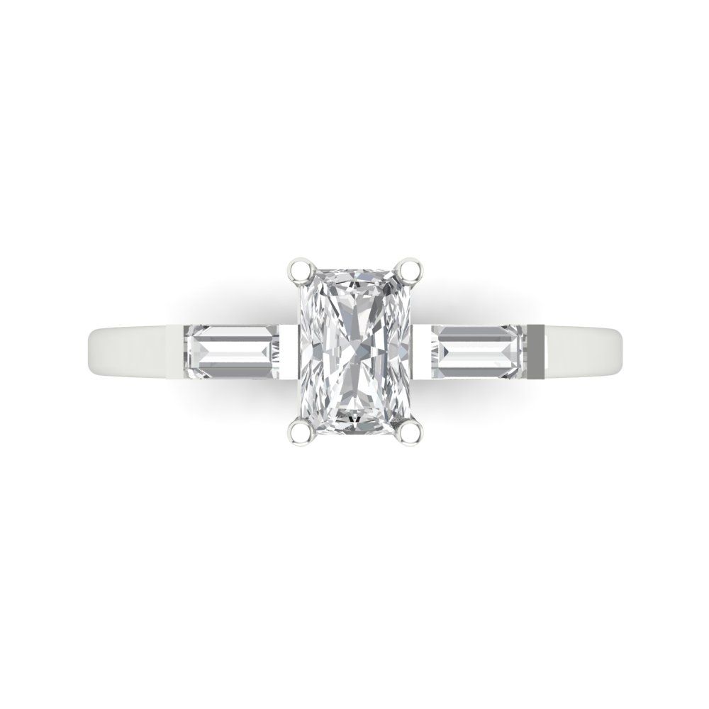 0.8 cttw White Sapphire Three-Stone Engagement Ring - Solid White Gold (VVS1, Emerald Cut,6x4mm)