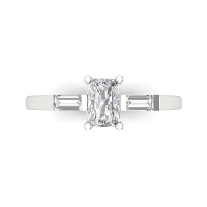 0.8 cttw White Sapphire Three-Stone Engagement Ring - Solid White Gold (VVS1, Emerald Cut,6x4mm)