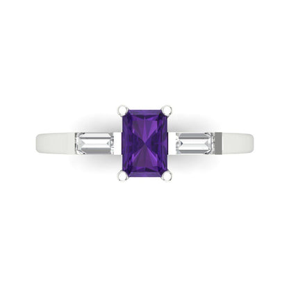 0.8 cttw Natural Amethyst Three-Stone Engagement Ring - Solid White Gold (VVS1, Emerald Cut,6x4mm)