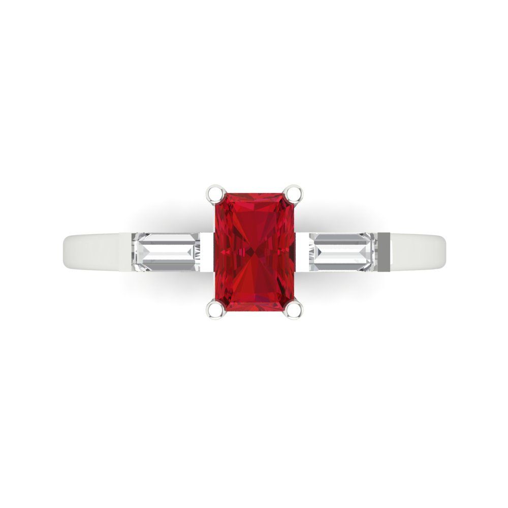 0.8 cttw Simulated Ruby Three-Stone Engagement Ring - Solid White Gold (VVS1, Emerald Cut,6x4mm)