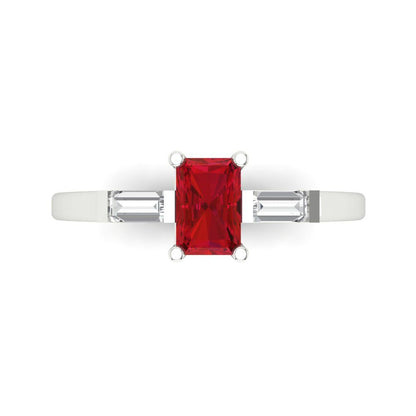 0.8 cttw Simulated Ruby Three-Stone Engagement Ring - Solid White Gold (VVS1, Emerald Cut,6x4mm)