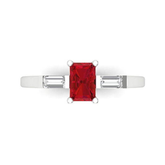 0.8 cttw Simulated Ruby Three-Stone Engagement Ring - Solid White Gold (VVS1, Emerald Cut,6x4mm)