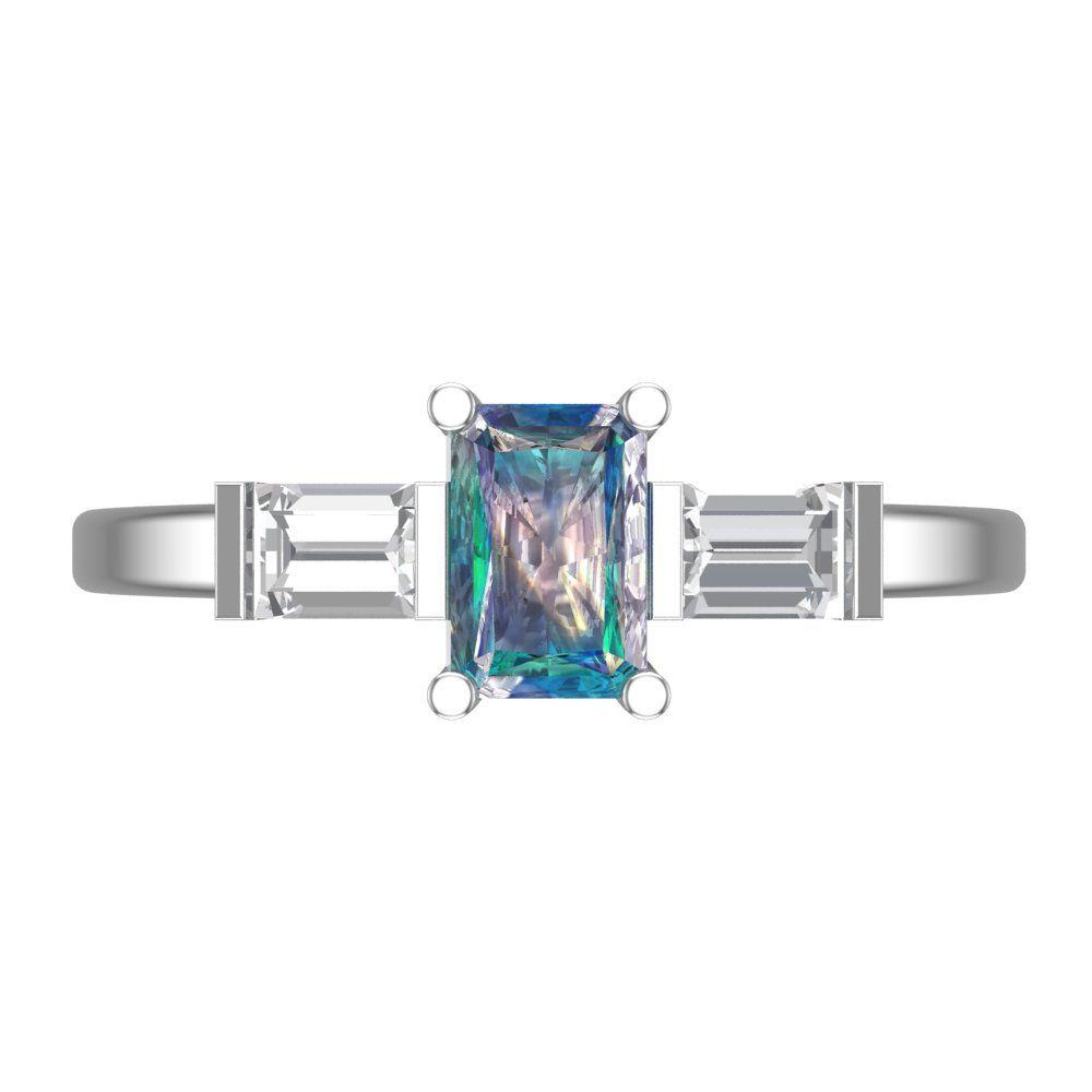 0.8 cttw Blue Moissanite Three-Stone Engagement Ring - Solid Gold (Emerald Cut,6x4mm)