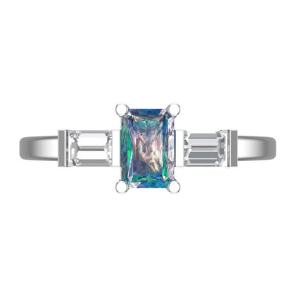 0.8 cttw Blue Moissanite Three-Stone Engagement Ring - Solid Gold (Emerald Cut,6x4mm)