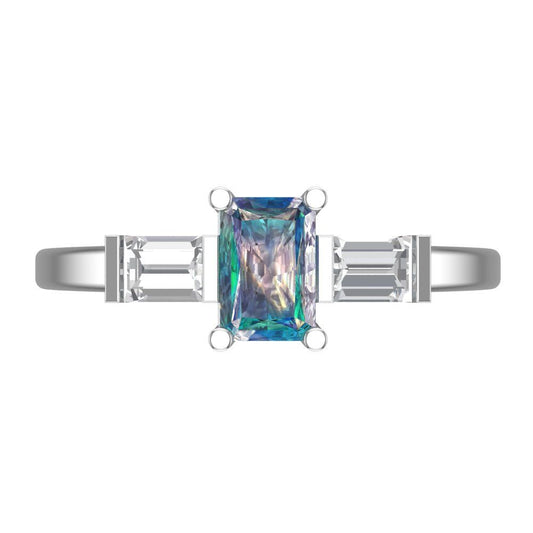 0.8 cttw Blue Moissanite Three-Stone Engagement Ring - Solid White Gold (VVS1, Emerald Cut,6x4mm)