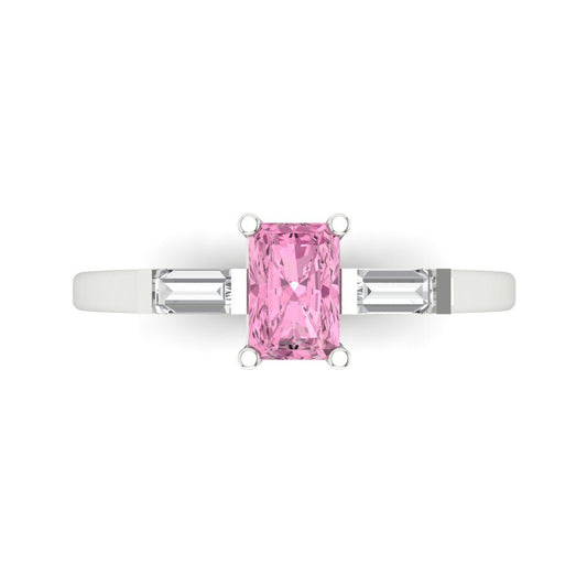 0.8 cttw Zirconia Simulated Pink Diamond Three-Stone Engagement Ring - Solid White Gold (VVS1, Emerald Cut,6x4mm)