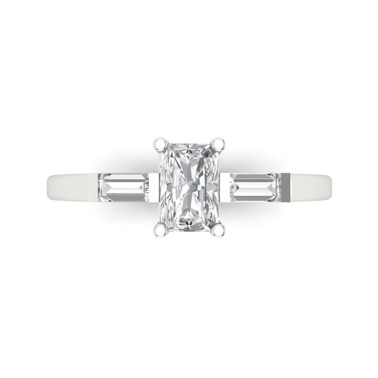 0.8 cttw Moissanite Three-Stone Engagement Ring - Solid White Gold (VVS1, Emerald Cut,6x4mm)