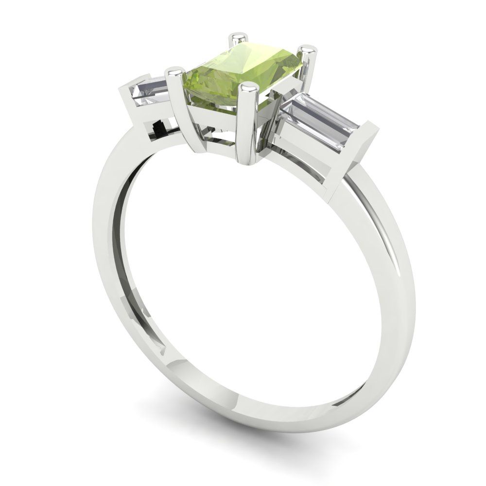 0.8 cttw Natural Peridot Three-Stone Engagement Ring - Solid White Gold (VVS1, Emerald Cut,6x4mm)