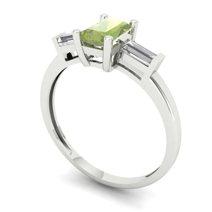 0.8 cttw Natural Peridot Three-Stone Engagement Ring - Solid White Gold (VVS1, Emerald Cut,6x4mm)