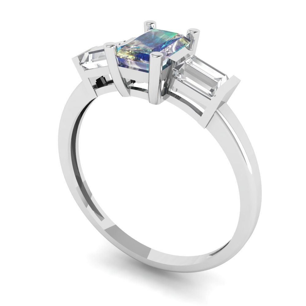 0.8 cttw Blue Moissanite Three-Stone Engagement Ring - Solid Gold (Emerald Cut,6x4mm)