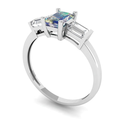 0.8 cttw Blue Moissanite Three-Stone Engagement Ring - Solid Gold (Emerald Cut,6x4mm)