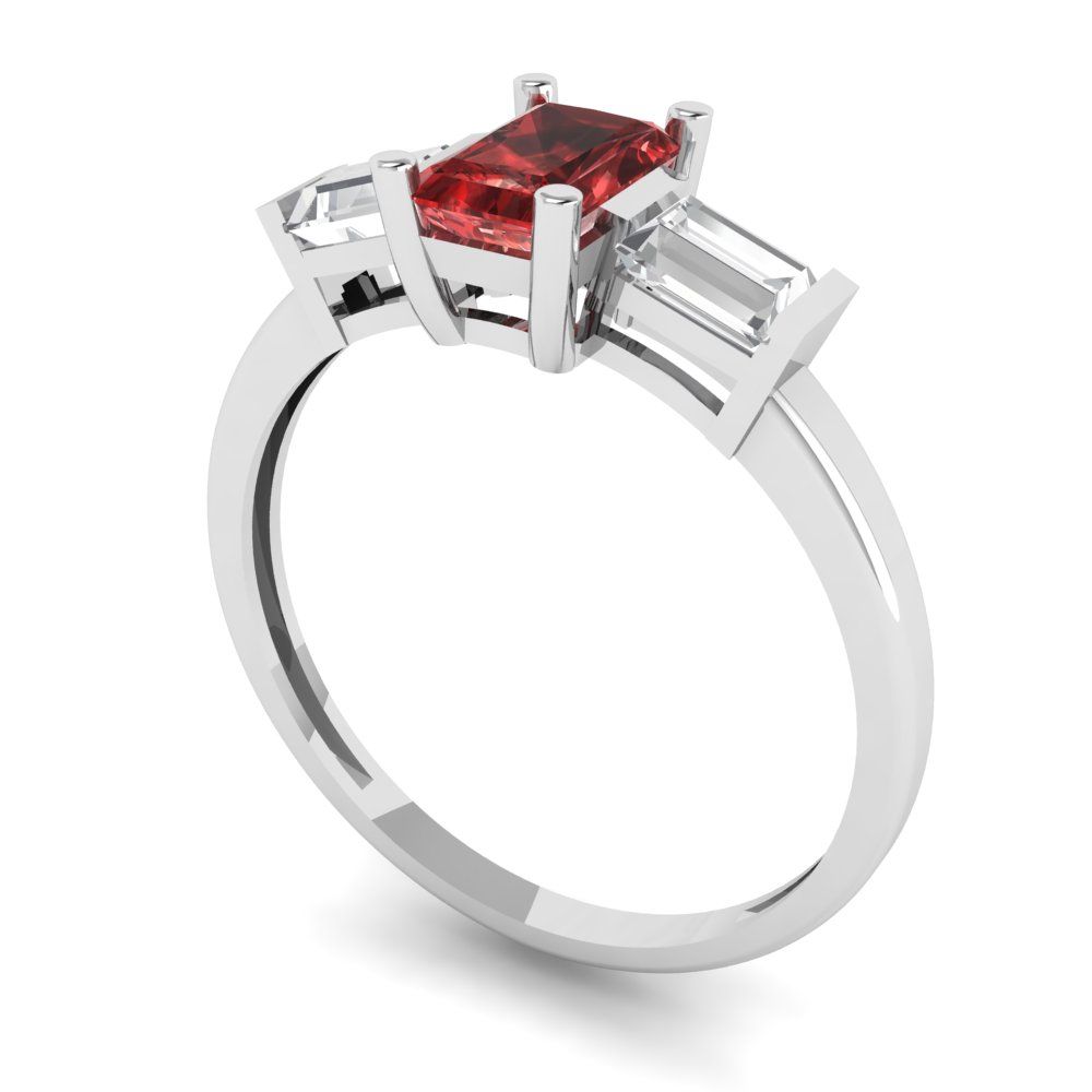 0.8 cttw Natural Garnet Three-Stone Engagement Ring - Solid White Gold (VVS1, Emerald Cut,6x4mm)