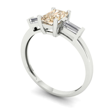 0.8 cttw Natural Morganite Three-Stone Engagement Ring - Solid White Gold (VVS1, Emerald Cut,6x4mm)