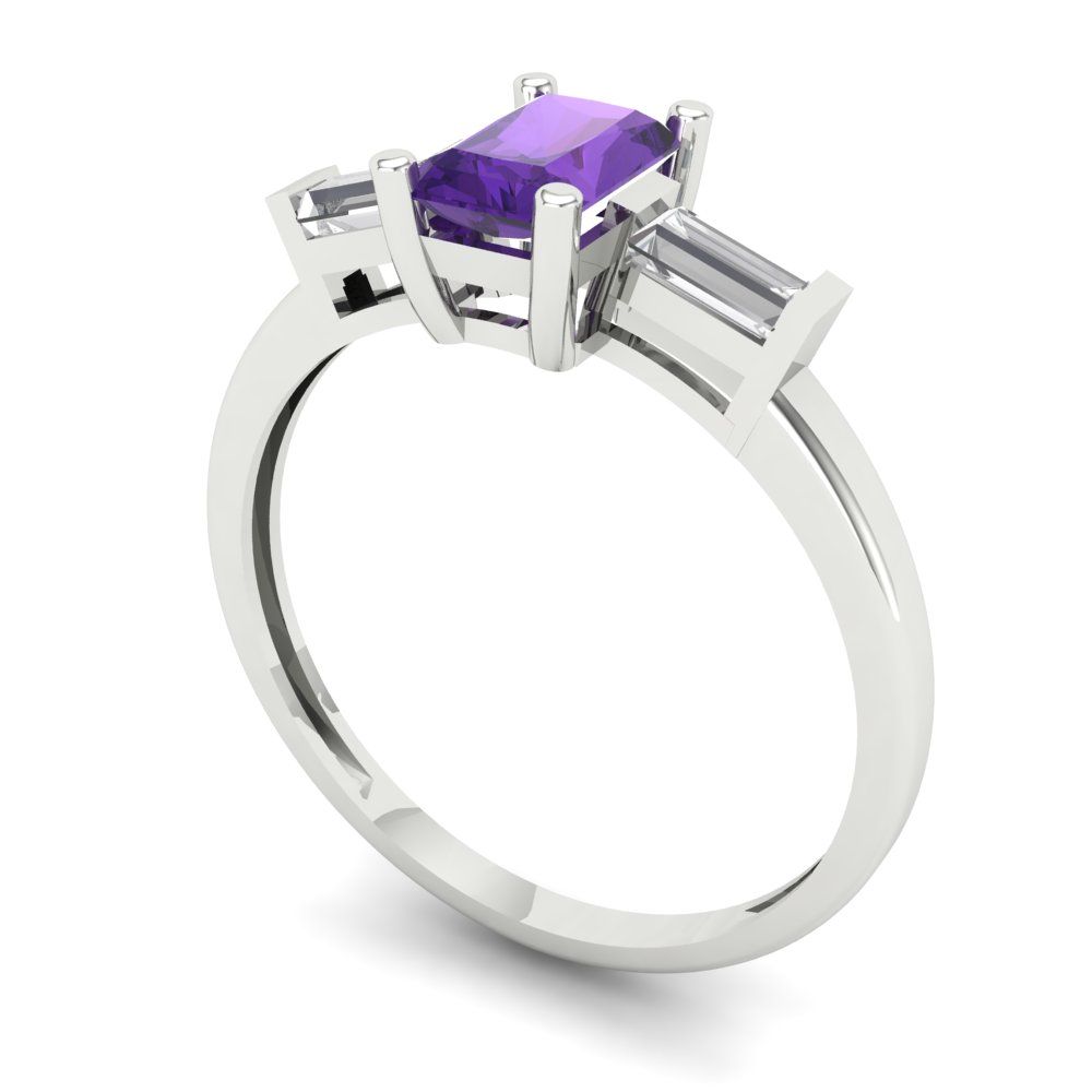 0.8 cttw Natural Amethyst Three-Stone Engagement Ring - Solid White Gold (VVS1, Emerald Cut,6x4mm)
