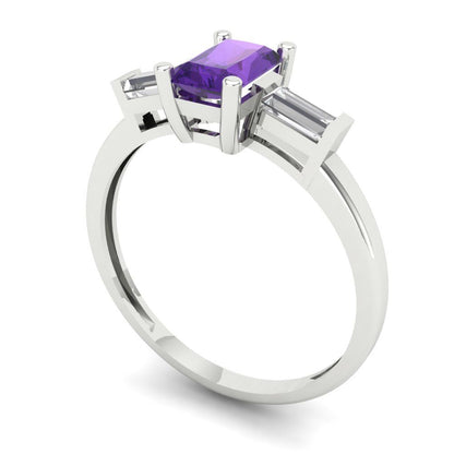 0.8 cttw Natural Amethyst Three-Stone Engagement Ring - Solid White Gold (VVS1, Emerald Cut,6x4mm)