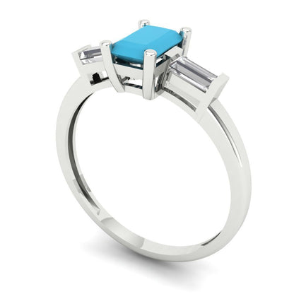 0.8 cttw Simulated Turquoise Three-Stone Engagement Ring - Solid Gold (Emerald Cut,6x4mm)