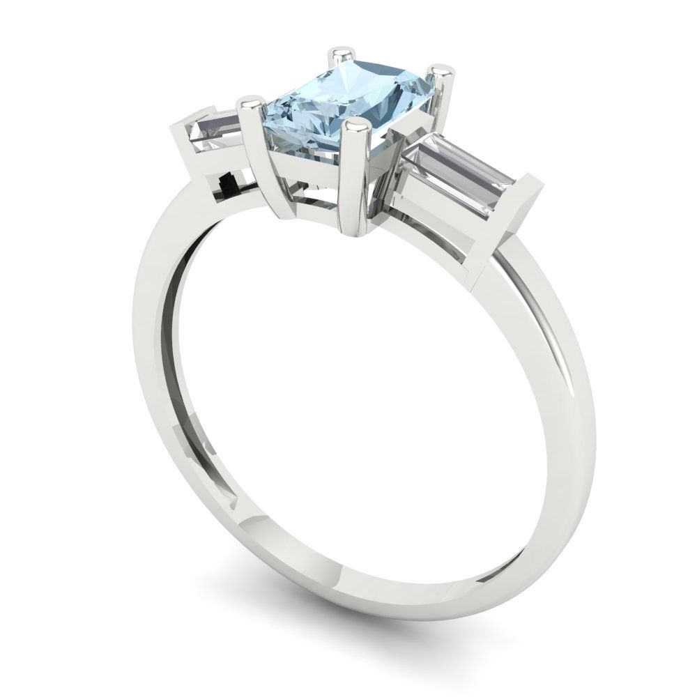 0.8 cttw Natural Aquamarine Three-Stone Engagement Ring - Solid White Gold (VVS1, Emerald Cut,6x4mm)