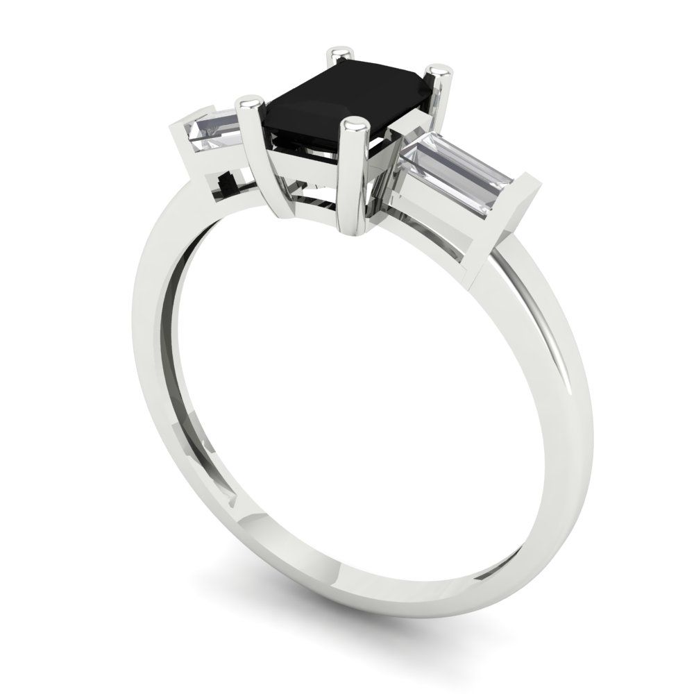 0.8 cttw Natural Onyx Three-Stone Engagement Ring - Solid Gold (Emerald Cut,6x4mm)