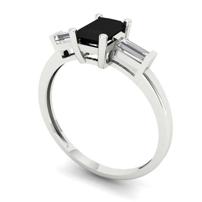 0.8 cttw Natural Onyx Three-Stone Engagement Ring - Solid Gold (Emerald Cut,6x4mm)