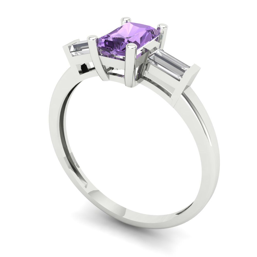 0.8 cttw Simulated Alexandrite Three-Stone Engagement Ring - Solid White Gold (VVS1, Emerald Cut,6x4mm)