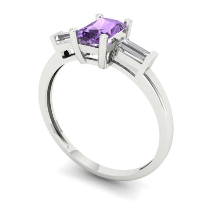 0.8 cttw Simulated Alexandrite Three-Stone Engagement Ring - Solid White Gold (VVS1, Emerald Cut,6x4mm)