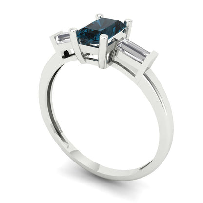 0.8 cttw Natural London Blue Topaz Three-Stone Engagement Ring - Solid White Gold (VVS1, Emerald Cut,6x4mm)