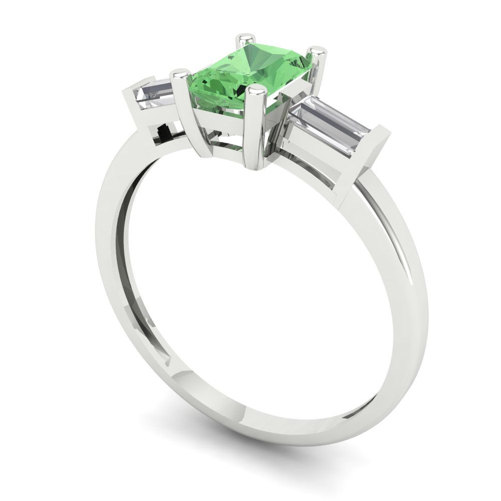 0.8 cttw Zirconia Simulated Green Diamond Three-Stone Engagement Ring - Solid White Gold (VVS1, Emerald Cut,6x4mm)