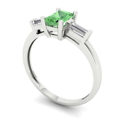0.8 cttw Zirconia Simulated Green Diamond Three-Stone Engagement Ring - Solid White Gold (VVS1, Emerald Cut,6x4mm)